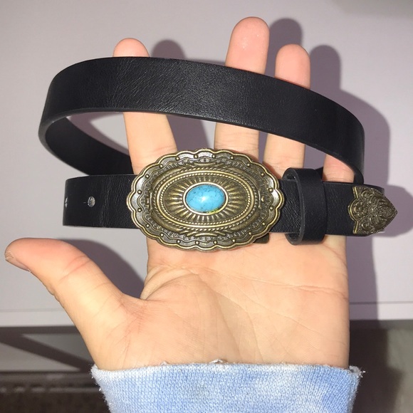 Vegan leather black belt with blue stone buckle - Picture 2 of 5